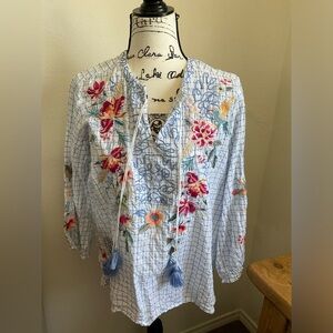 Johnny Was White Blue Windowpane Cotton Tie Neck Embroidered Tunic Shirt Size M
